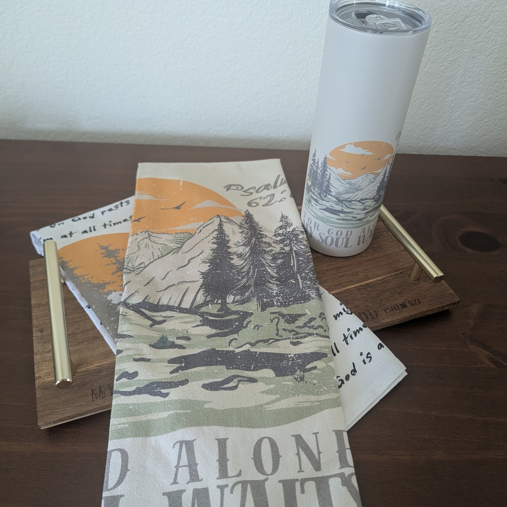 Psalm 62:1 Serving Tray And Mountain Landscape Tumbler & Towel Set
